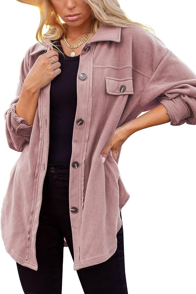 Womens Flannel Shirt Jacket Button Down Long Sleeve Oversized Shacket Coat Loose Casual Blouse Tops  | Amazon (US)