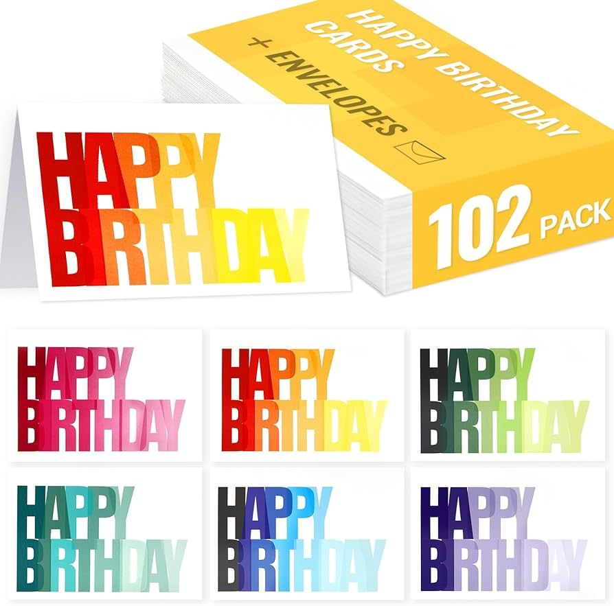 102 Pack Happy Birthday Cards Bulk Box Set with Envelopes 4 x 6 inch, Blank Inside, 6 Designs for... | Amazon (US)