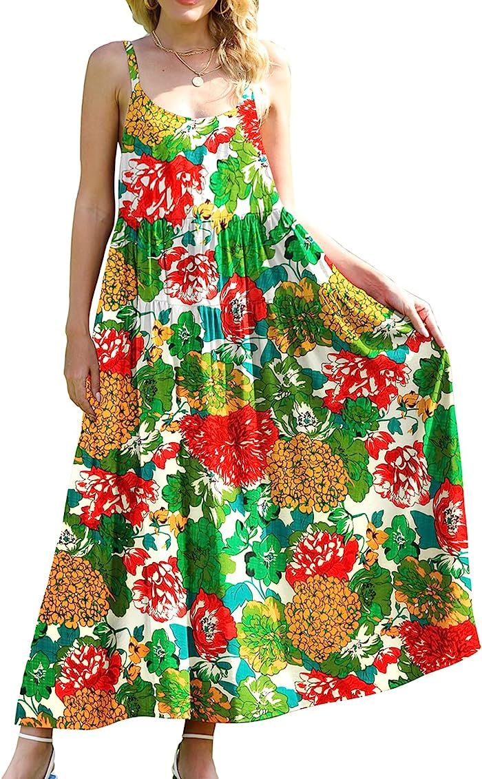 YESNO Women Casual Loose Bohemian Floral Print Dresses Spaghetti Strap Long Summer Beach Swing Dress | Amazon (US)