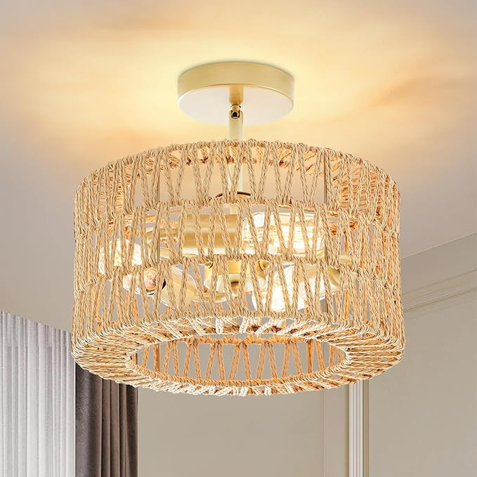Rattan Ceiling Light Fixture, 3-Lights Boho Semi Flush Mount Ceiling Light with Hand-Woven Cage S... | Amazon (US)