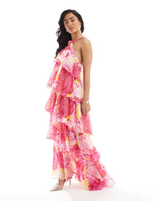 Vero Moda Felicia halter neck tiered maxi dress with corsage detail in fuchsia flower print | ASO... | ASOS (Global)