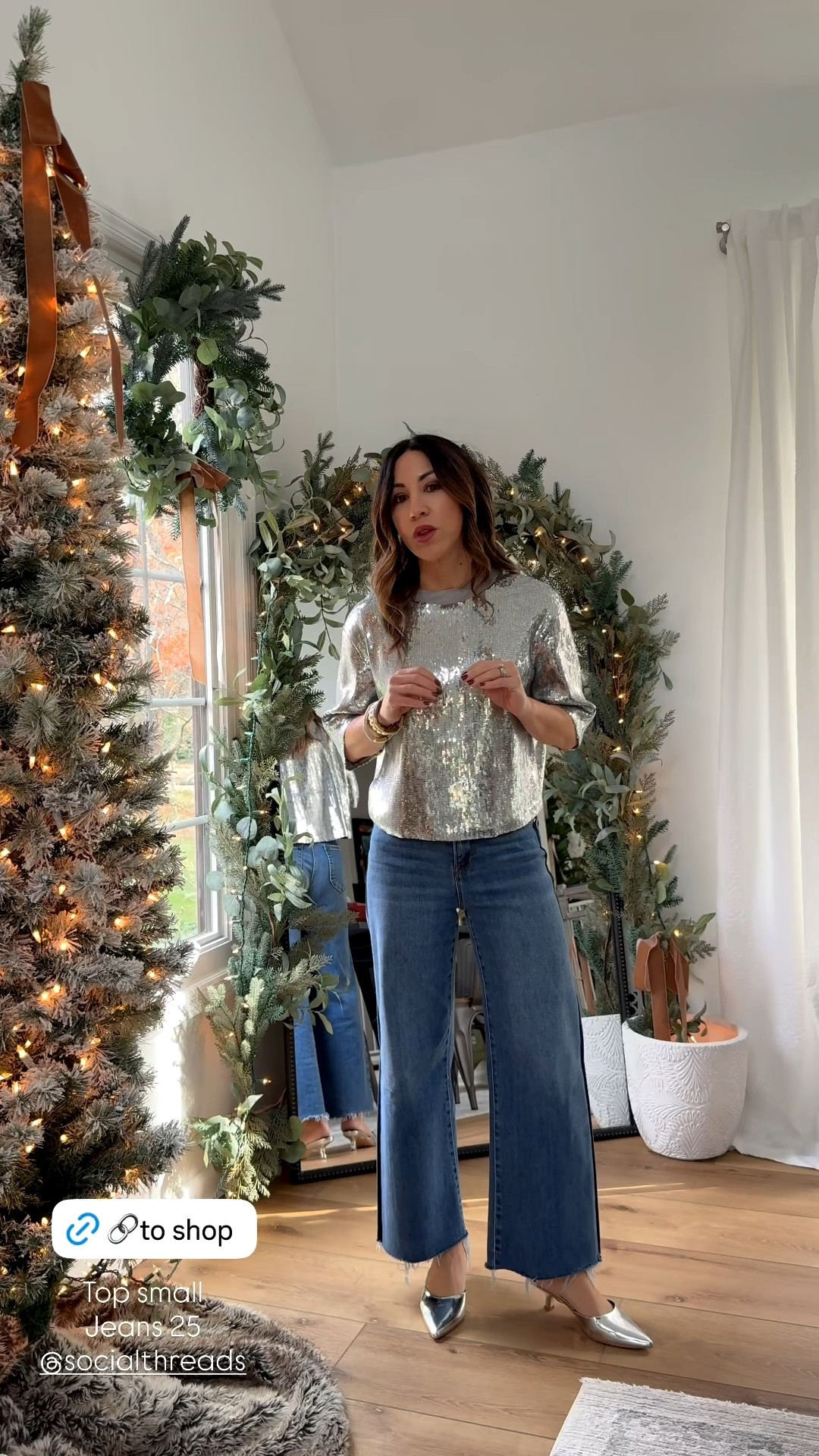 Small sequence top, 25 tuxedo jeans. Holiday outfit.

#LTKFindsUnder100 #LTKHoliday #LTKOver40