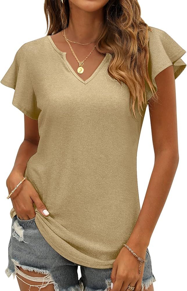 Women's Summer Casual Tops Ruffle Sleeve Blouse V Neck Solid Cute Tunic Shirt | Amazon (US)