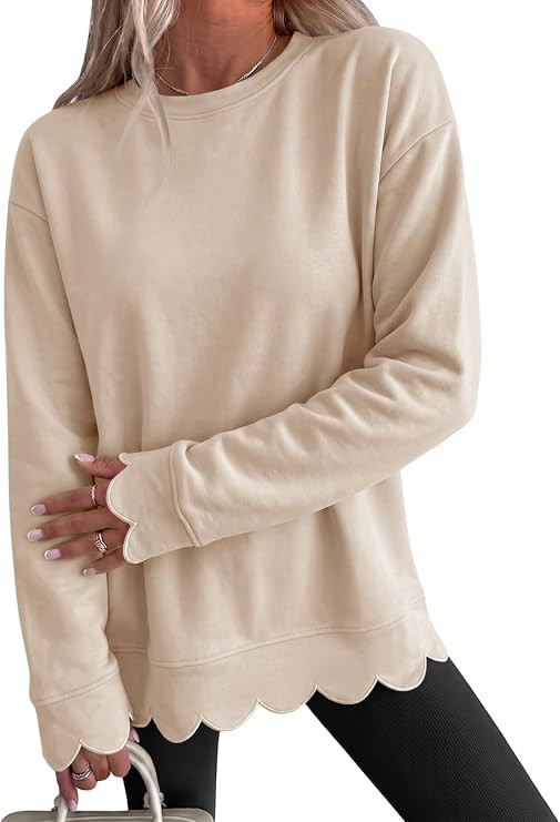 Fisoew Womens Oversized Crewneck Sweatshirts Scalloped Casual Pullover Tops | Long Sleeve, Comfy,... | Amazon (US)