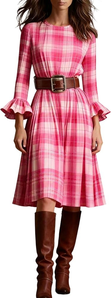Women's Plaid Midi Dress with Belt Vintage 3/4 Bell Sleeve Pleated Flare Casual Country Dress | Amazon (US)