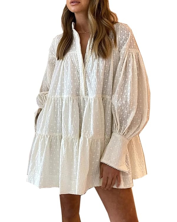 Roiii Women A-Line Lace Loose Baroque Button Down Long Sleeve Casual Dresses V Neck Embroidery Pa... | Amazon (US)