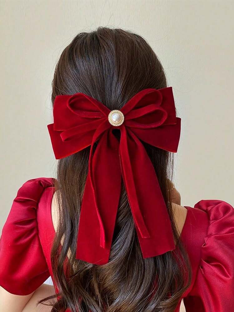 1pc Large Hair Bow With Ribbon Streamers For Women, Red Spring Clip, Suitable For Festivals And Daily Use Cute Valentine's Day Valentines, School Stuff, Elegant, College, Bows, Christmas Outfit For Women | SHEIN