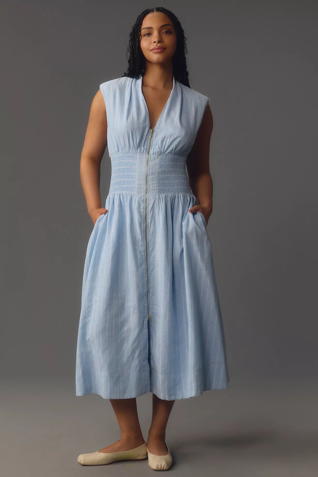 The Tommie Cap-Sleeve Smocked Front-Zip Shirt Dress: Linen Edition | Anthropologie (US)