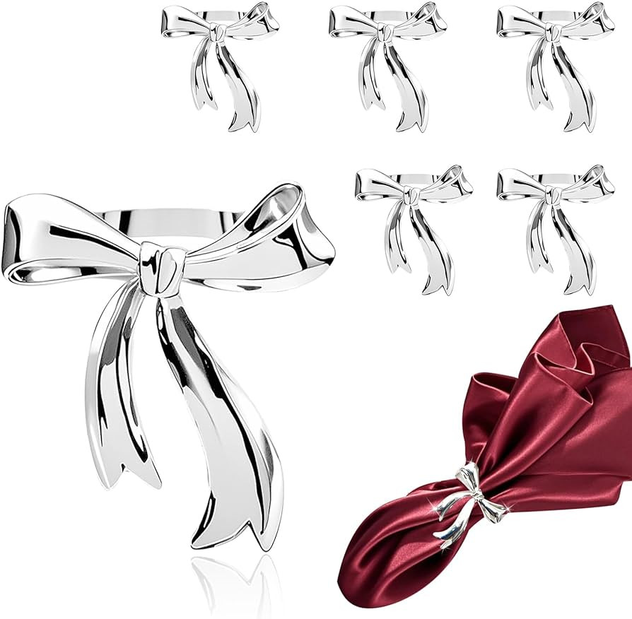 Silver Bow Napkin Rings Set of 6 Christmas Bow Tie Napkin Rings for Xmas Wedding New Year Banquet... | Amazon (US)