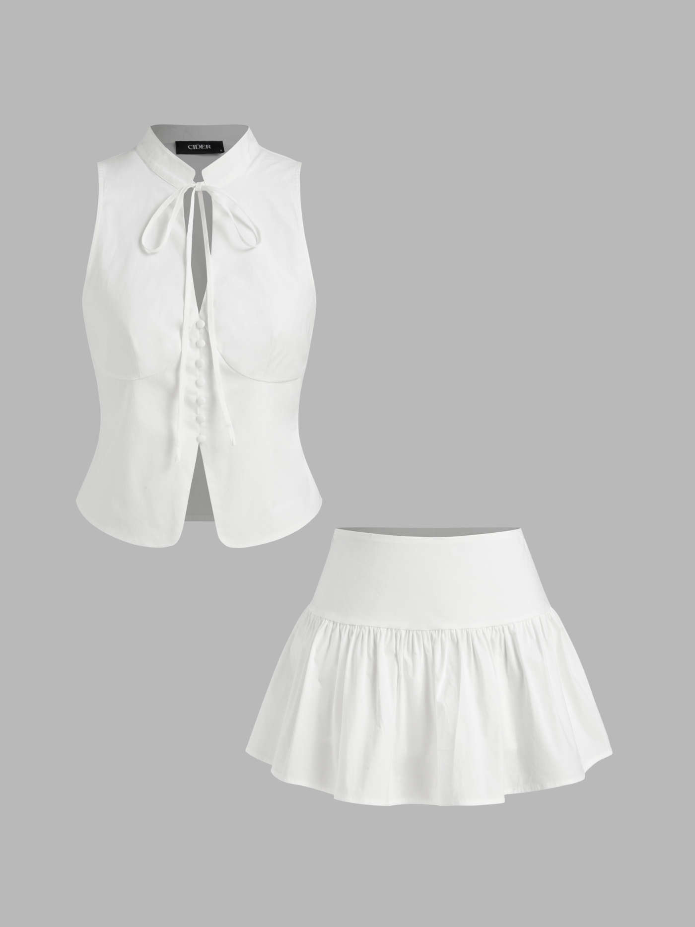 Woven Cotton-blend Mandarin Collar Cut Out Top & Low Rise Ruffle Hem Mini Skirt For Date | Cider