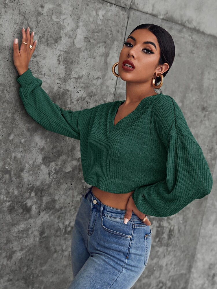 SHEIN V-neck Drop Shoulder Crop Tee | SHEIN