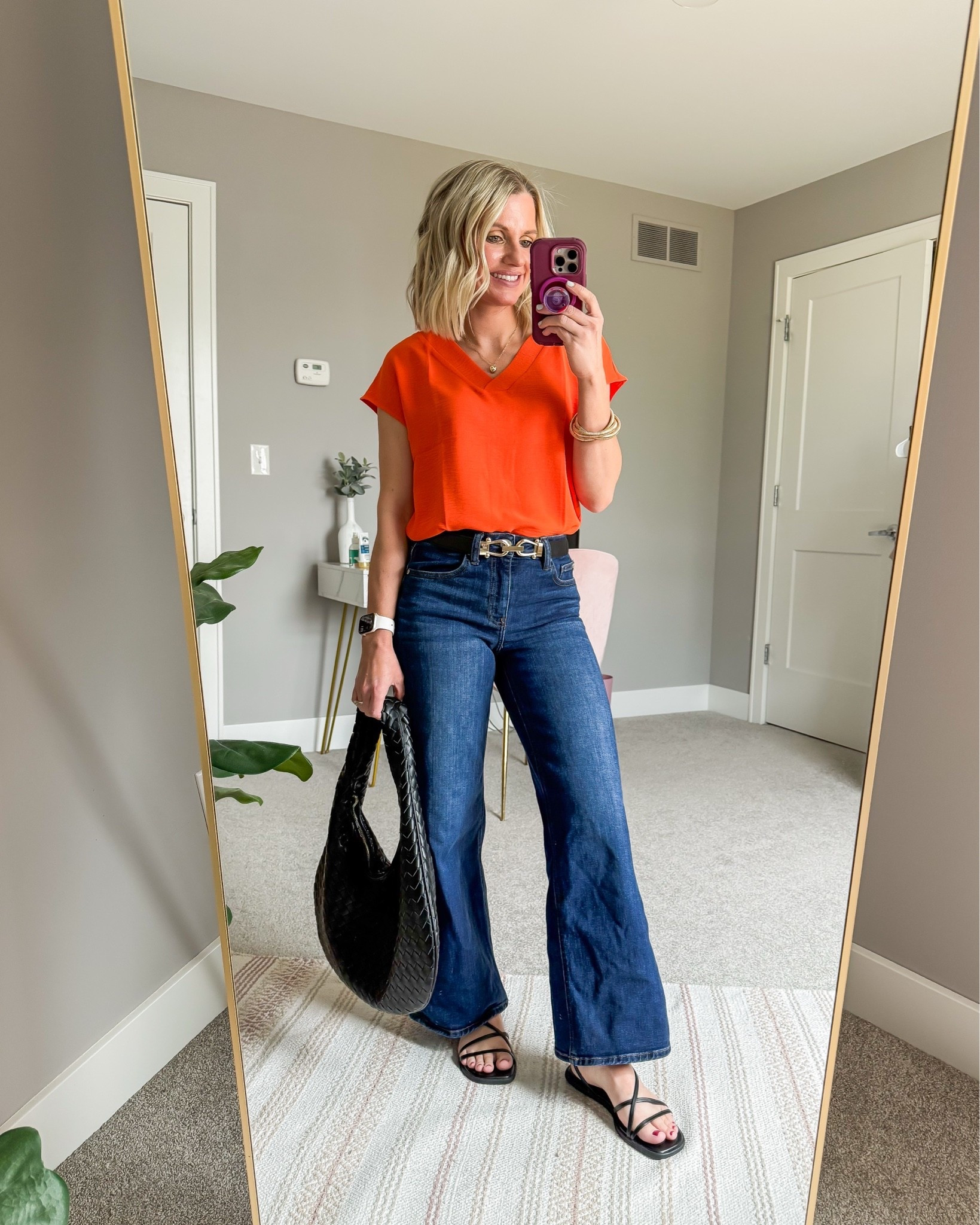 Orange top with dark denim. 
Top- small
Jeans- 25/28”

#LTKSeasonal #LTKOver40 #LTKPetite