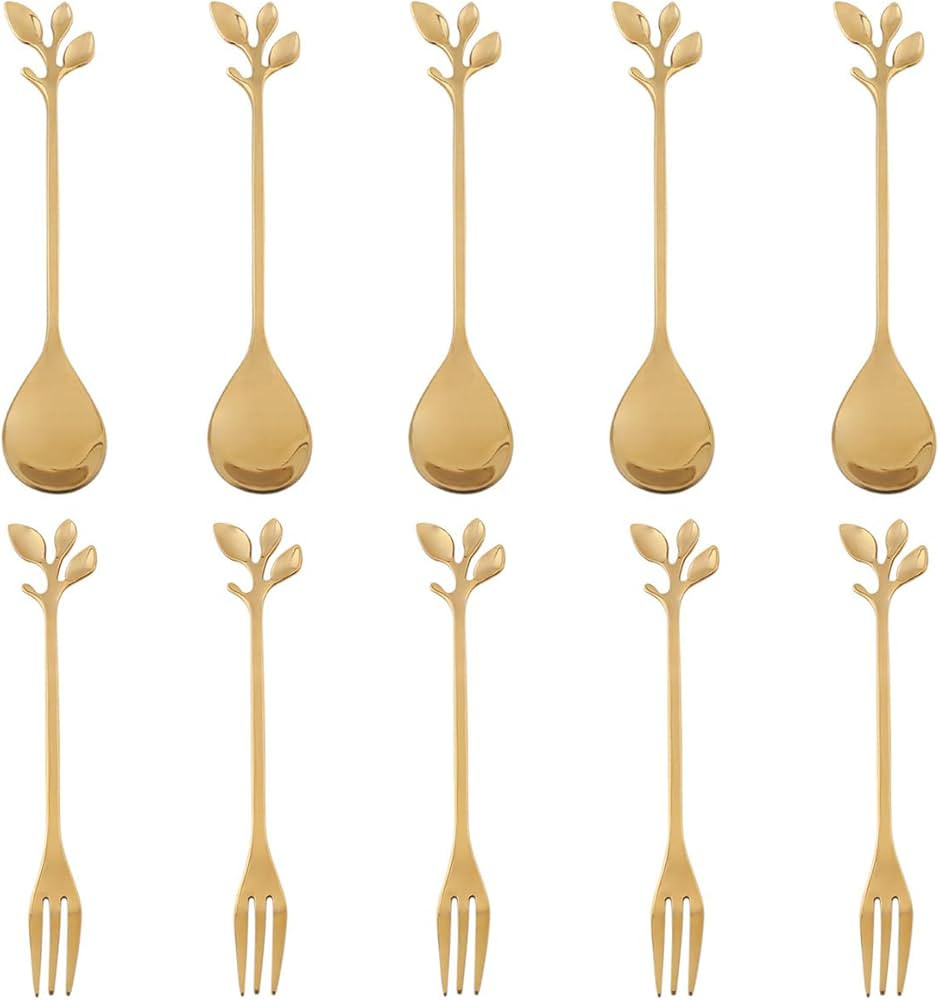 AnSaw 10-Piece Stainless Steel Gold Leaf Coffee Spoon appetizer fork-Creative Tableware Dessert S... | Amazon (US)