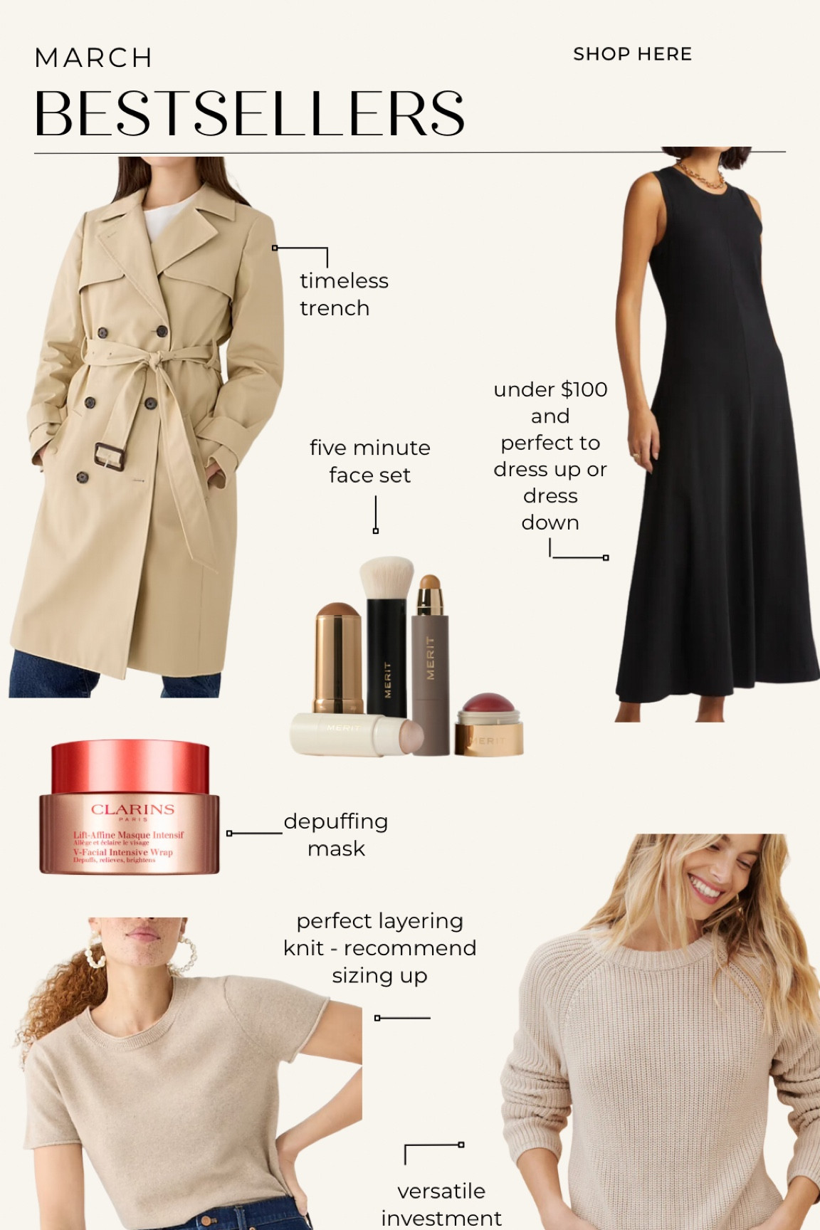March bestsellers!
Tank midi dress
Trench coat 
Spring jacket
Spring sweaters 
Clarins depuffing mask
Merit beauty five minute makeup 

#LTKSeasonal