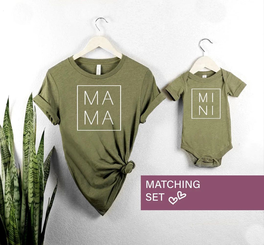 Mama Mini Modern Matching Outfit, Olive Green Mom and Baby T-shirt and One Piece Set, Baby Shower... | Etsy (US)