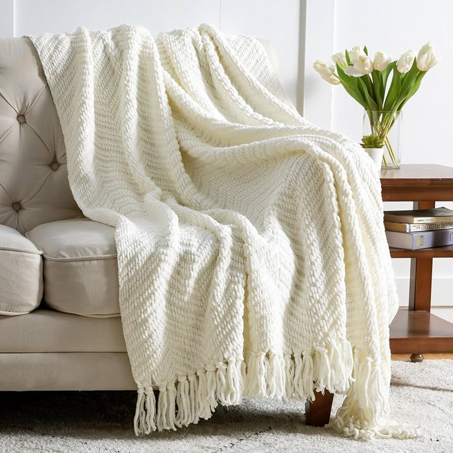 Bedsure Cream Throw Blankets for Couch - Textured Chunky Knit Woven Chenille Blanket - Super Soft... | Amazon (US)