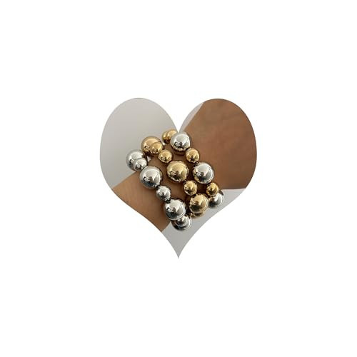 MOEEIJEW Chunky Gold Bracelets for Women Stackable Bracelets Big Gold Silver Ball Bangle Stretch Beaded Bracelets Jewelry (Gold Silver) | Amazon (US)
