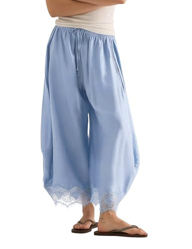 PUWEI Women's Cropped Lace-Hem Pants High Waisted Drawstring Wide Leg Pants Casual Lightweight Tr... | Amazon (US)