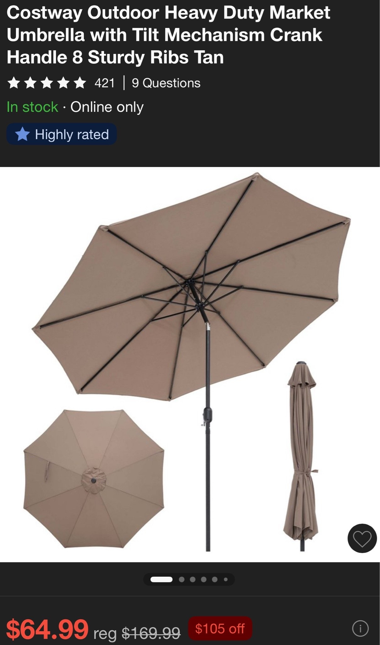 Costway Outdoor Heavy Duty Market Umbrella with Tilt Mechanism Crank
Handle 8 Sturdy Ribs Tan

#LTKHome #LTKOver40 #LTKSaleAlert