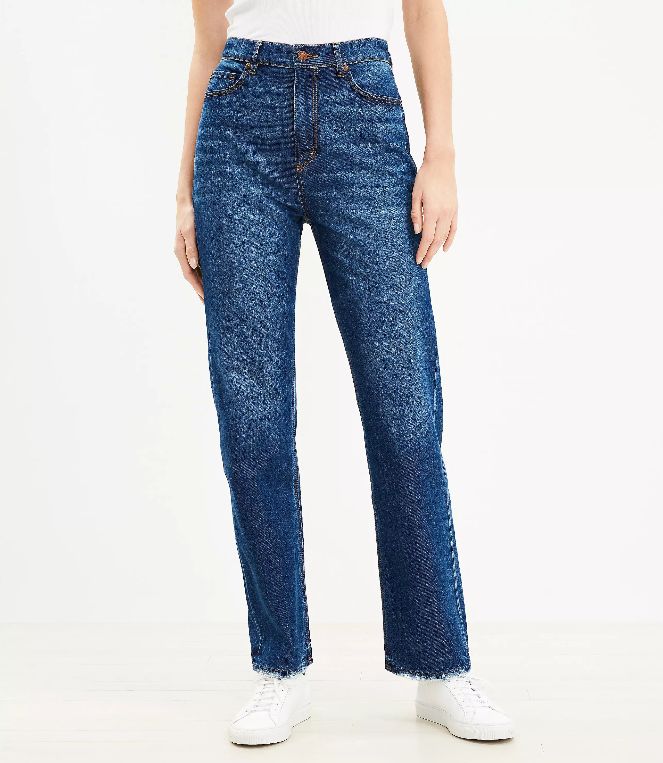 Destructed High Rise Full Length Straight Jeans in Vintage Dark Wash | LOFT