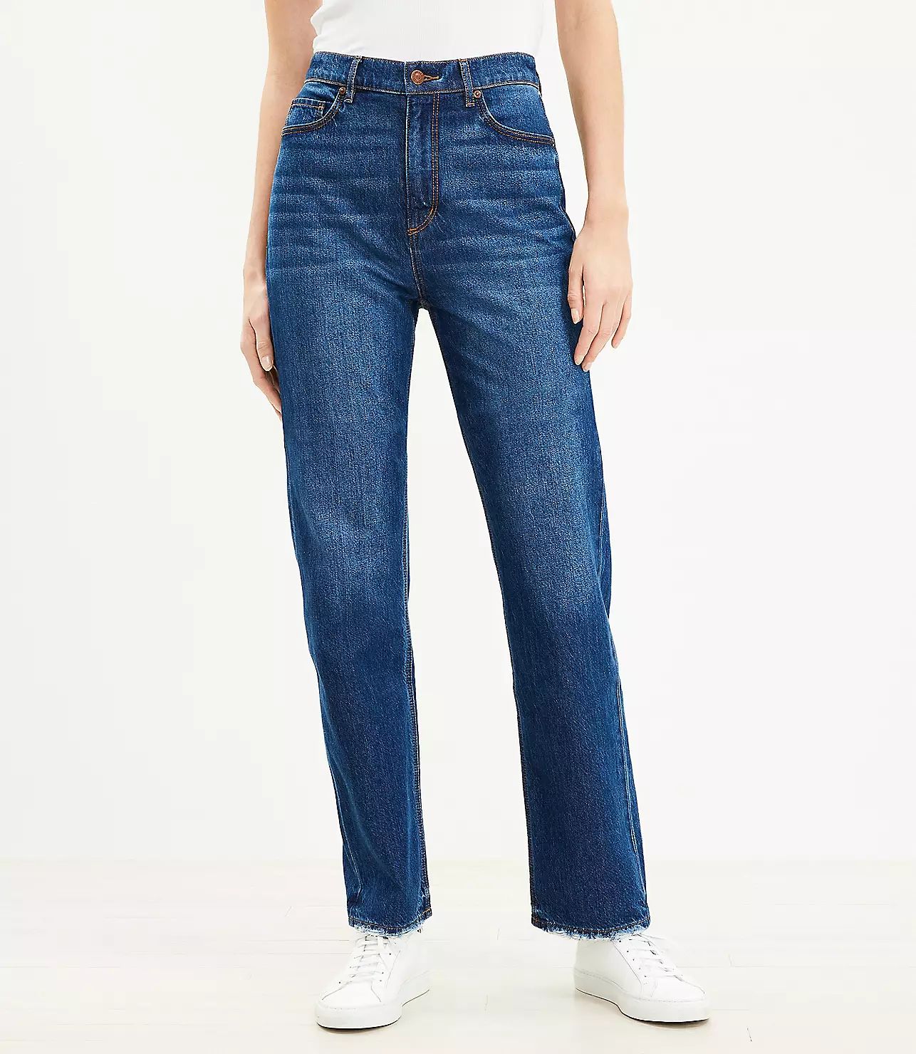 Destructed High Rise Full Length Straight Jeans in Vintage Dark Wash | LOFT