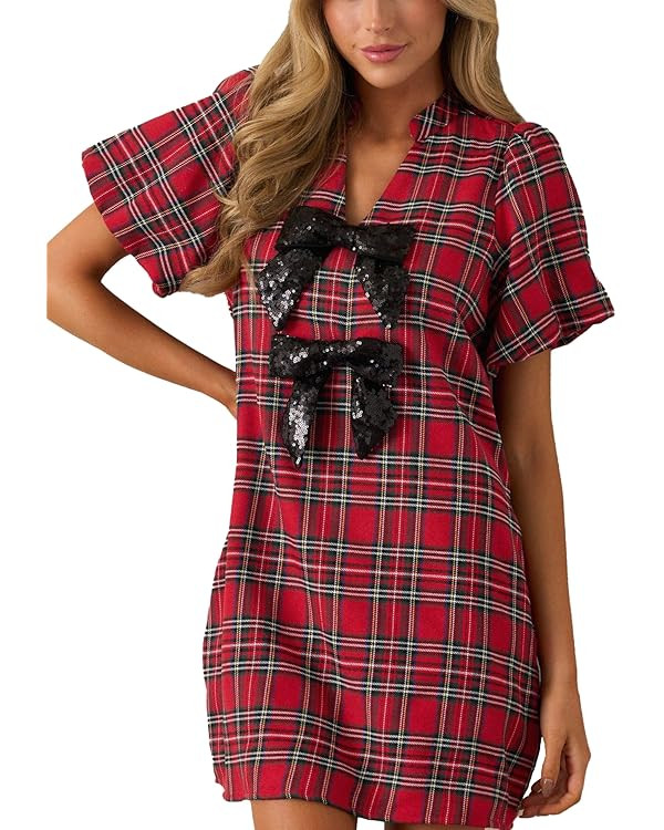 Women Plaid Mini Dress V Neck Lantern Short Sleeve Bow Front Shift Dress with Pocket | Amazon (US)