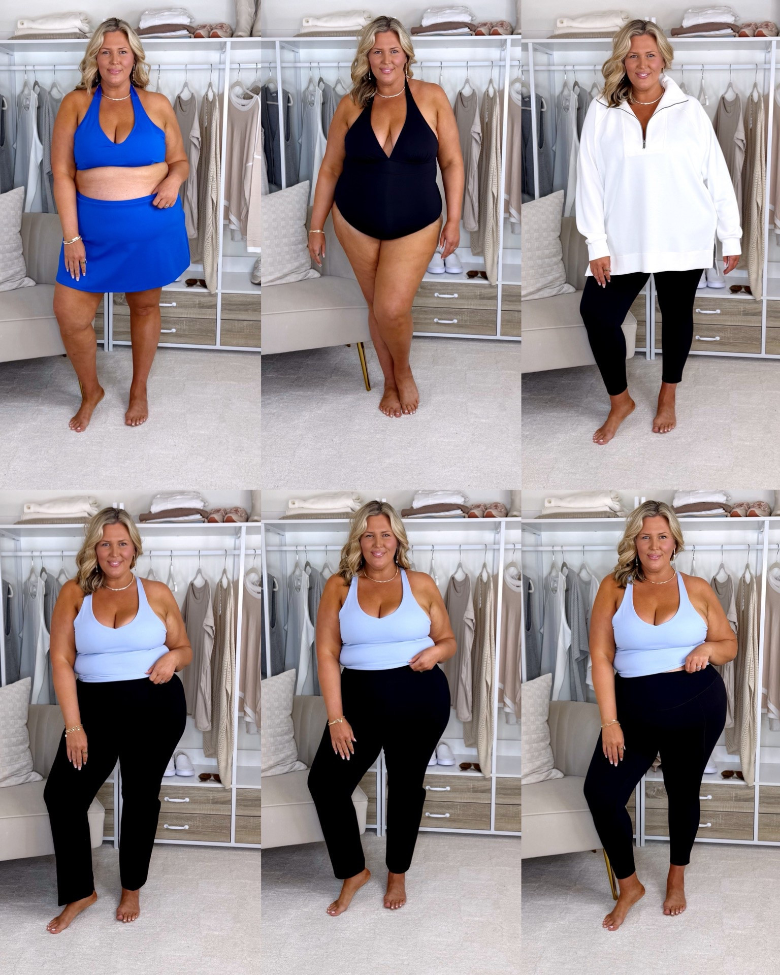 Spanx haul. Wearing a 3X in the blue swimsuit, a 2x in the black one piece, a 3X in the white half zip, the first black pants are a 2x petite, second black pants are a 2X regular and third black leggings are a 2x regular. Plus size, outfit inspo, apron belly, casual outfit, summer fashion, mom life

#LTKPlusSize #LTKSeasonal #LTKMidsize