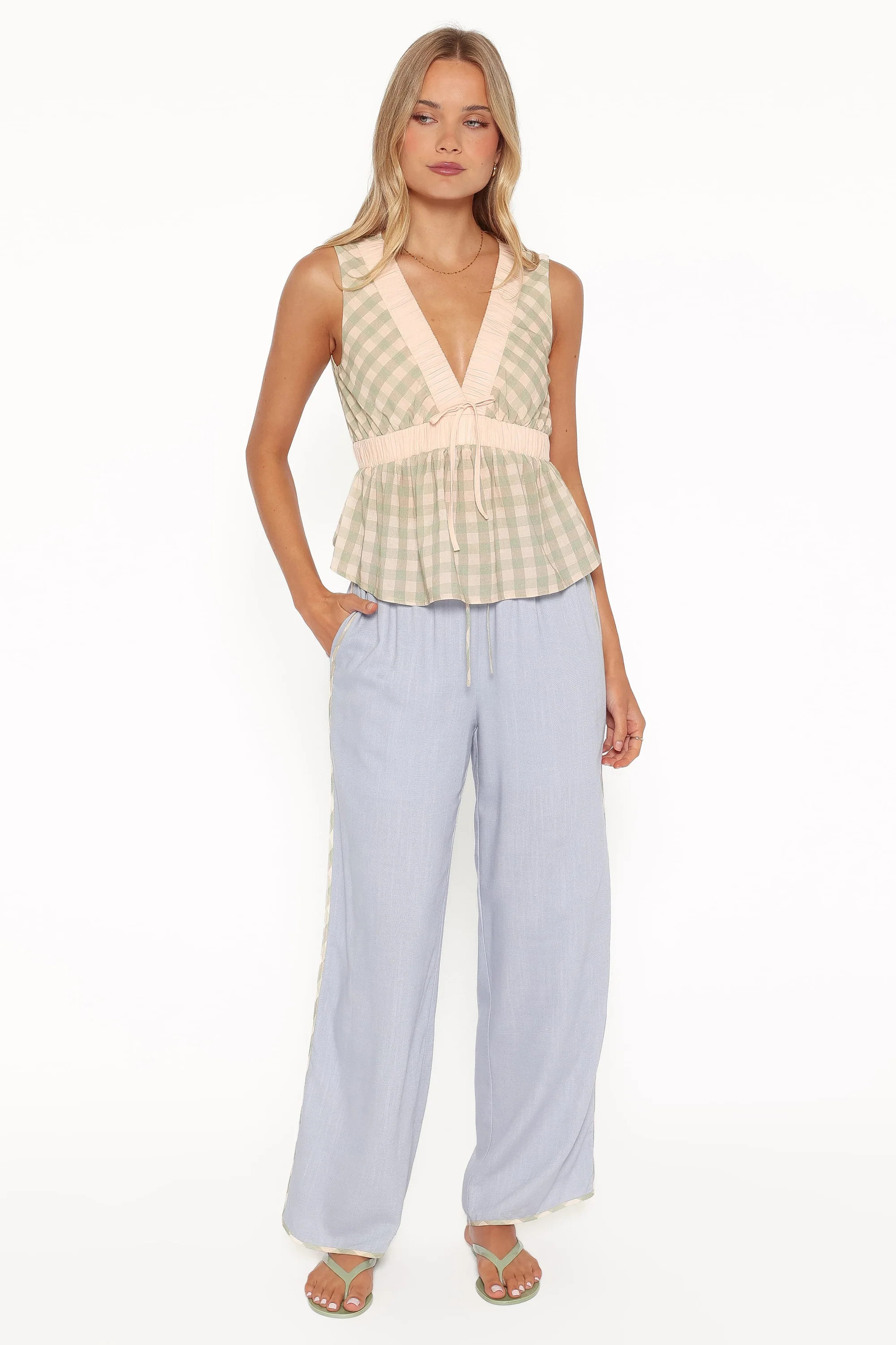 Venda Contrast Trim Pants - Light Blue Linen | Petal & Pup (US)