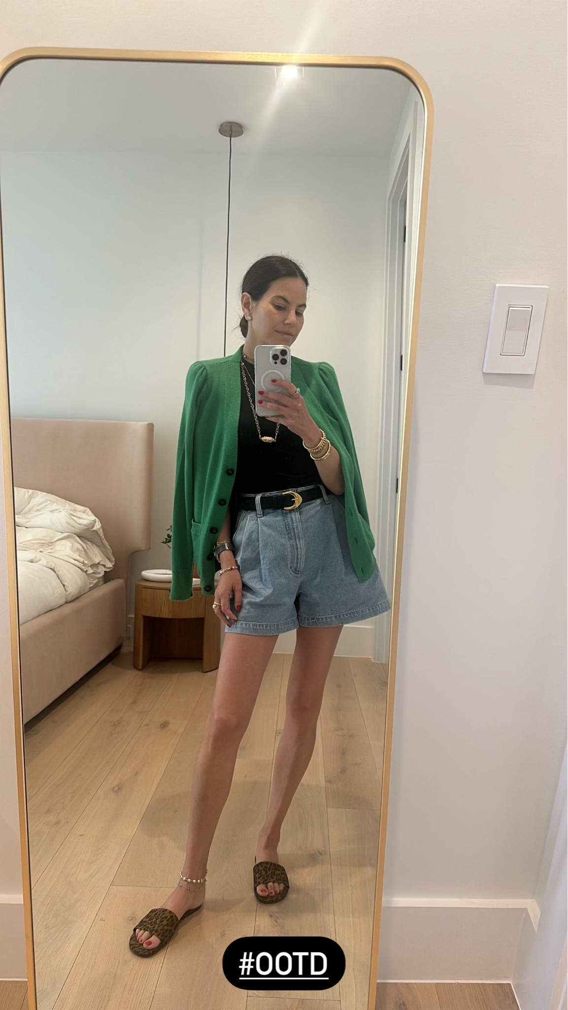 Casual summer outfit inspo!

Denim shorts - Summer sandals - Summer slides - Cheetah print sandals - Black belt - Black shirt - Green sweater - Casual outfit look - Mom fashion - Summer looks 

#LTKShoeCrush #LTKStyleTip #LTKSeasonal