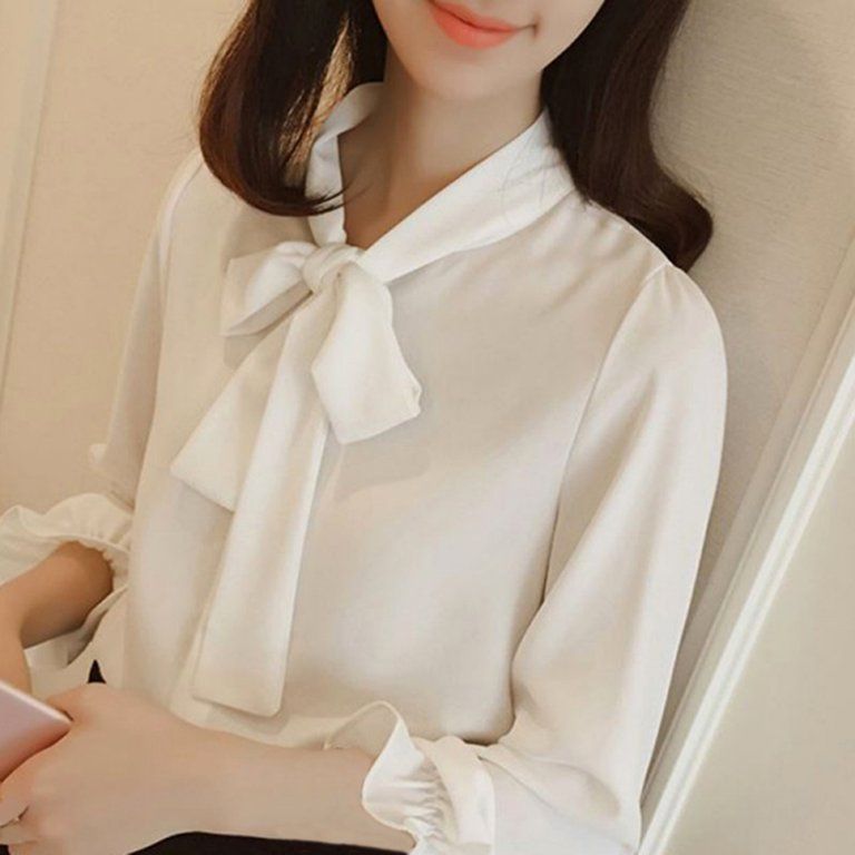 Spdoo Womens Bow Tie Neck Long Sleeve Casual Office Lady Blouse Tops,White S | Walmart (US)
