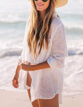 Bsubseach Women Long Sleeve Beach Shirt Blouses Bathing Suit Cover Up Button Down Collar | Amazon (US)