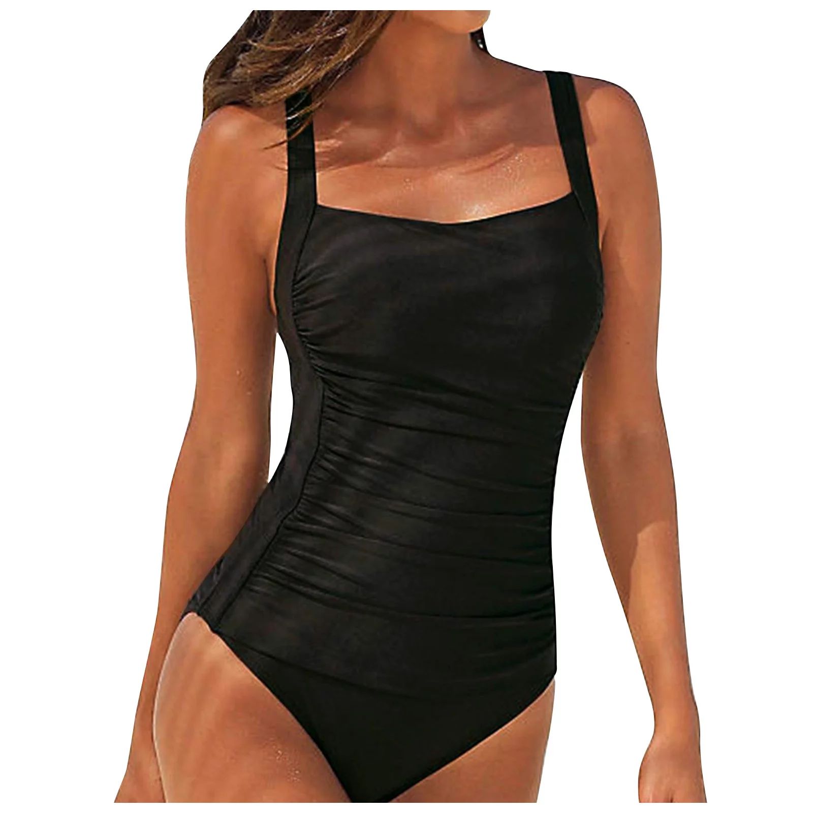 QWERTYU Solid One Piece Swimsuit for Women Tummy Control Swimwear Bathing Suit Black M | Walmart (US)