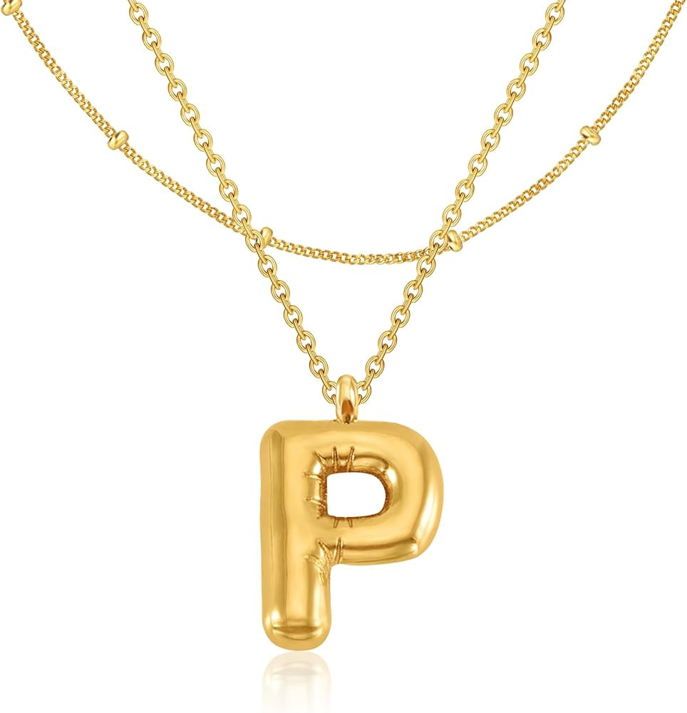 Bubble Letter Necklace Gold Women - 18K Gold Plated Initial Necklaces for women, Dainty Letter Go... | Amazon (US)