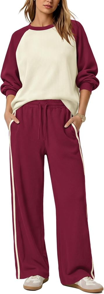 Yanekop Womens 2 Piece Lounge Set Waffle Knit Tops Wide Leg Striped Pants | Amazon (US)