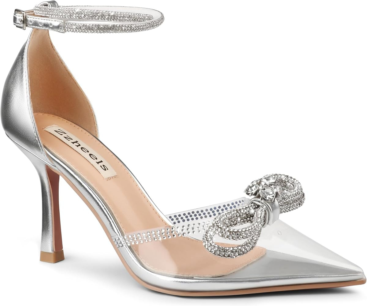 Zzheels Women's Wedding Heels Sparkly Rhinestone Stiletto Pumps Bow Heels Pointed Toe Ankle Strap... | Amazon (US)