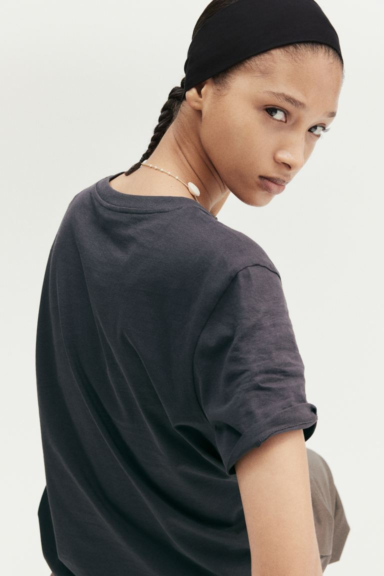 Cotton T-shirt - Round Neck - Short sleeve - Dark gray/palm tree - Ladies | H&M US | H&M (US + CA)