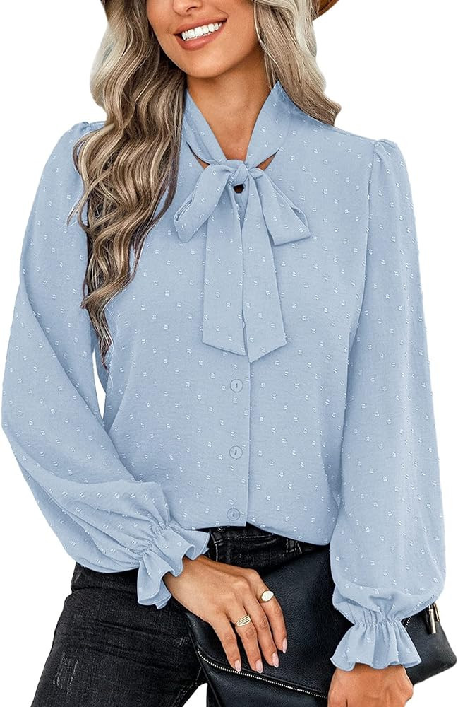 ACEVOG Womens Bow Tie Shirt Lantern Sleeve Swiss Dot Blouse Button Up Ruffle Tops | Amazon (US)