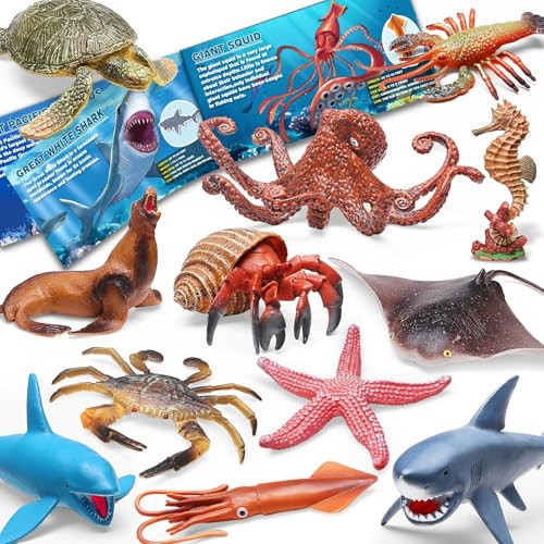 12 Pack Ocean Animal Toys with Educational Booklet for Kids, Realistic Soft Plastic Creatures Model Figures for Toddler Boys Girls, Under the Sea Party Favor, Birthday Gifts Water Table Toy | Amazon (US)