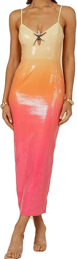 Women's Sexy Spaghetti Straps Bodycon Tie Dye Printed Sequins Cocktail Party Dress | Amazon (US)