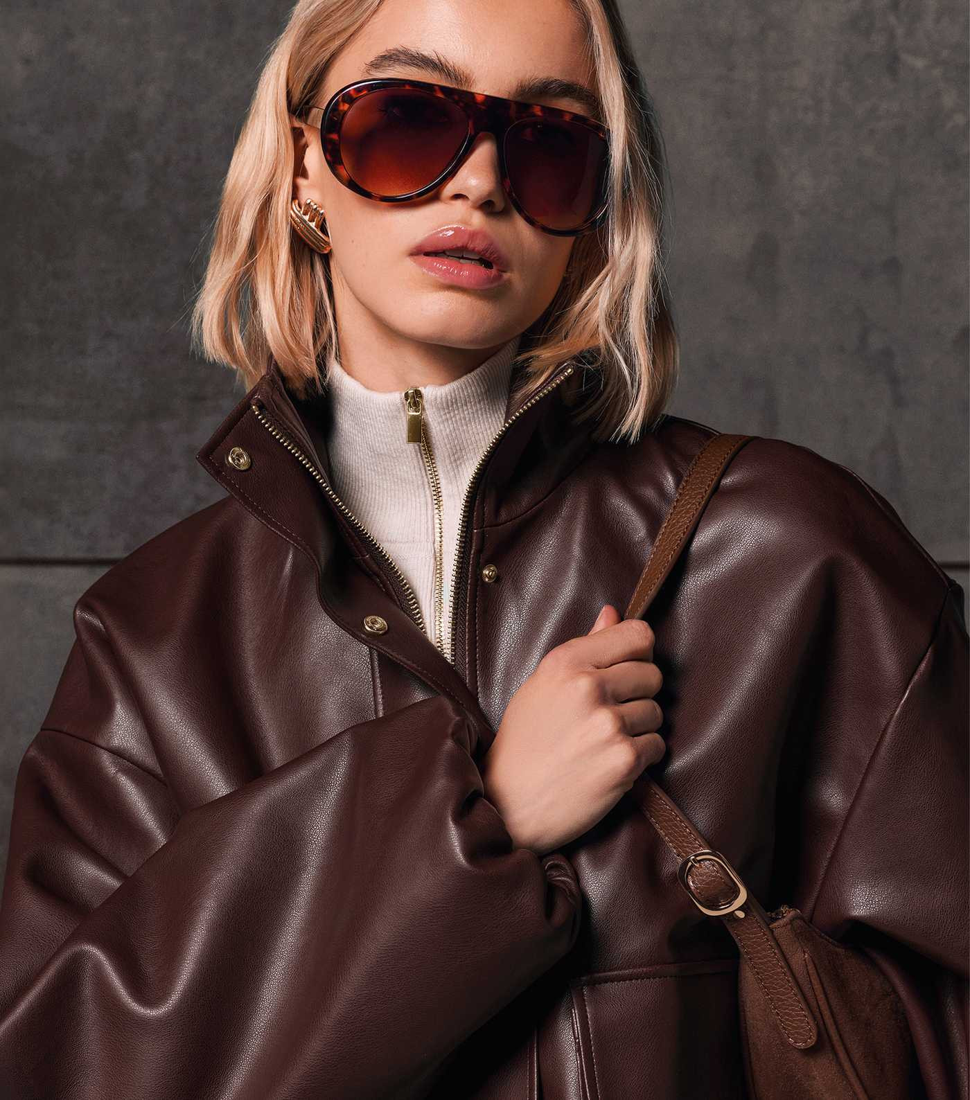 Dark Brown Faux Leather High Neck Jacket | New Look | New Look (UK)