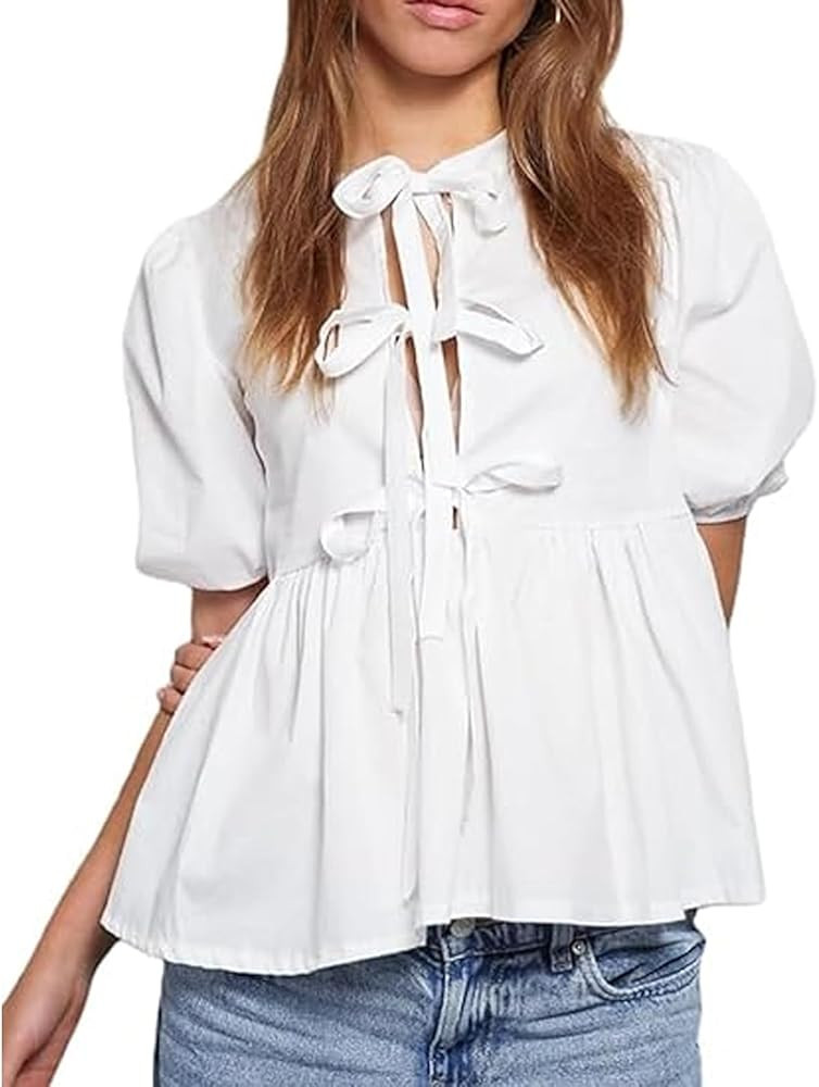 Women Leopard Print Y2K Puff Short Sleeve Peplum Shirts Tie Front Ruffle Babydoll Blouse Tops Sum... | Amazon (US)