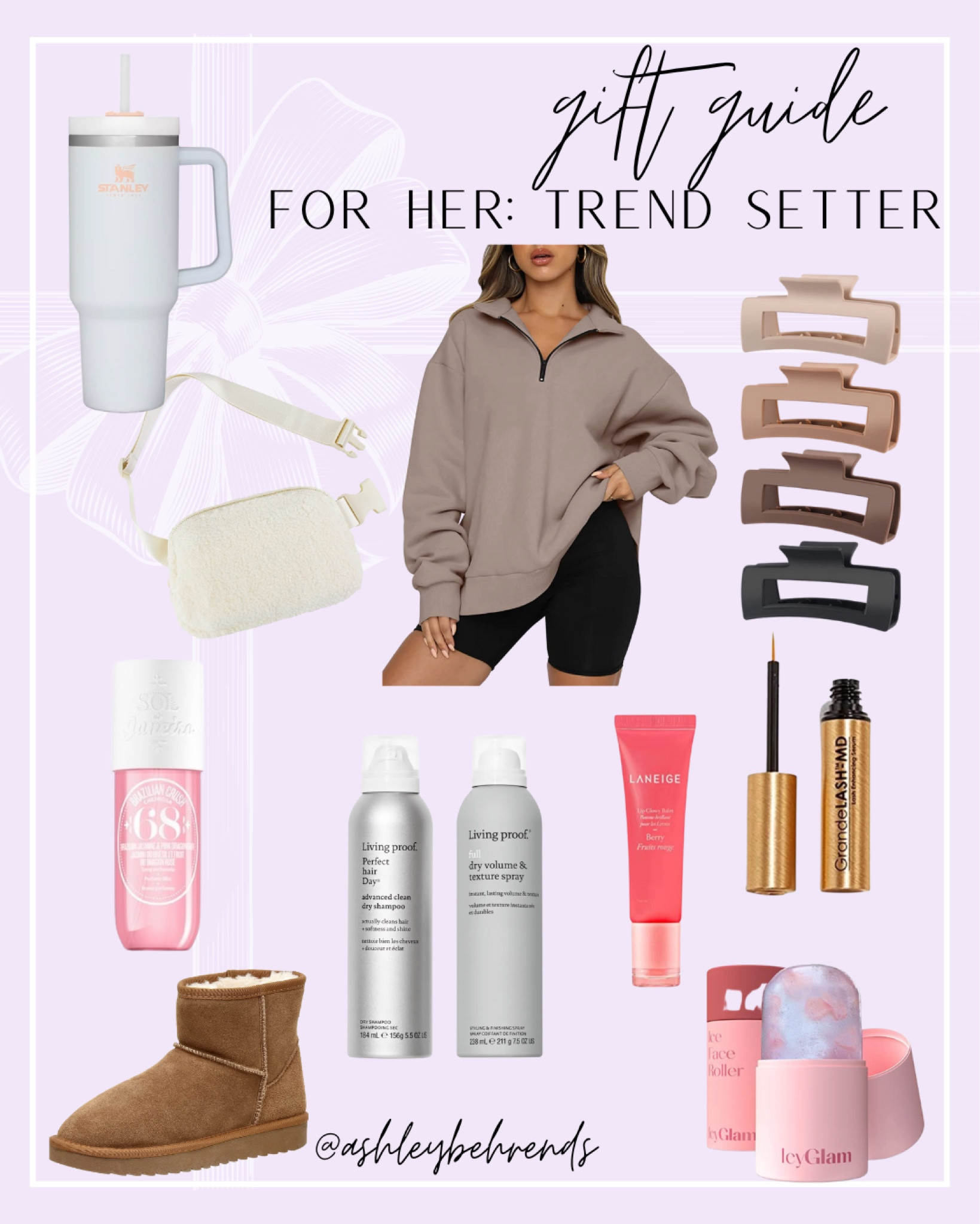 Gift guide for her: trend setter 🎁 💞
#giftguide #holidayguide #giftsforher #trendsetter #trendy #aesthetic #cleangirl #stanley #sherpabag #beltbag #halfzip #clawclip #livingproof #dryshampoo #boots #miniuggs #uggsdupe #lipbalm #bodyspray #grandelash #lashserum #iceroller 