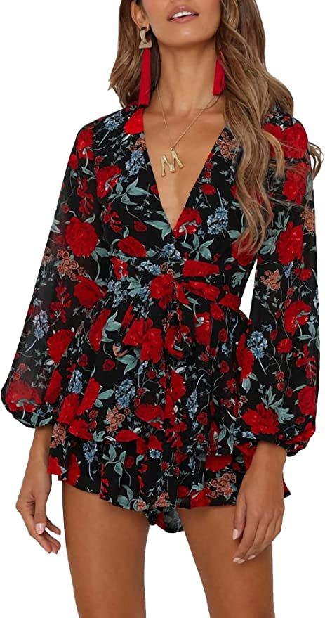 Amazon.com: Relipop Women's Jumpsuit Floral Print V Neck Baggy Sleeve Waist Tie Double Layer Ruff... | Amazon (US)