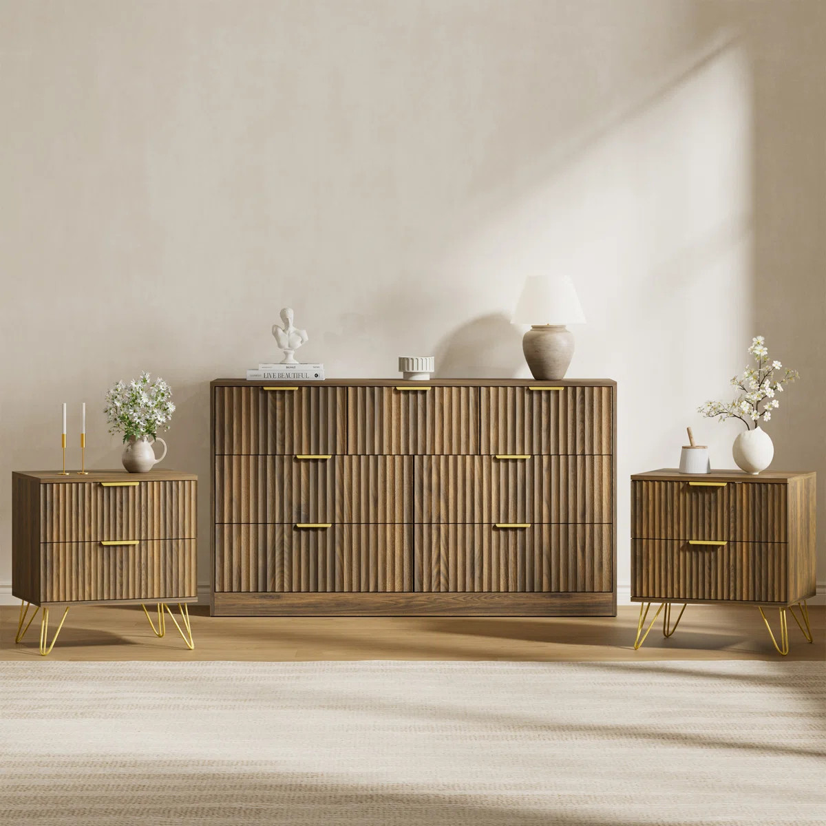 3PCS Dresser And Nightstand Sets For Bedroom, 55" Wide Fluted 7 Drawer Dresser & Nightstand Set O... | Wayfair North America