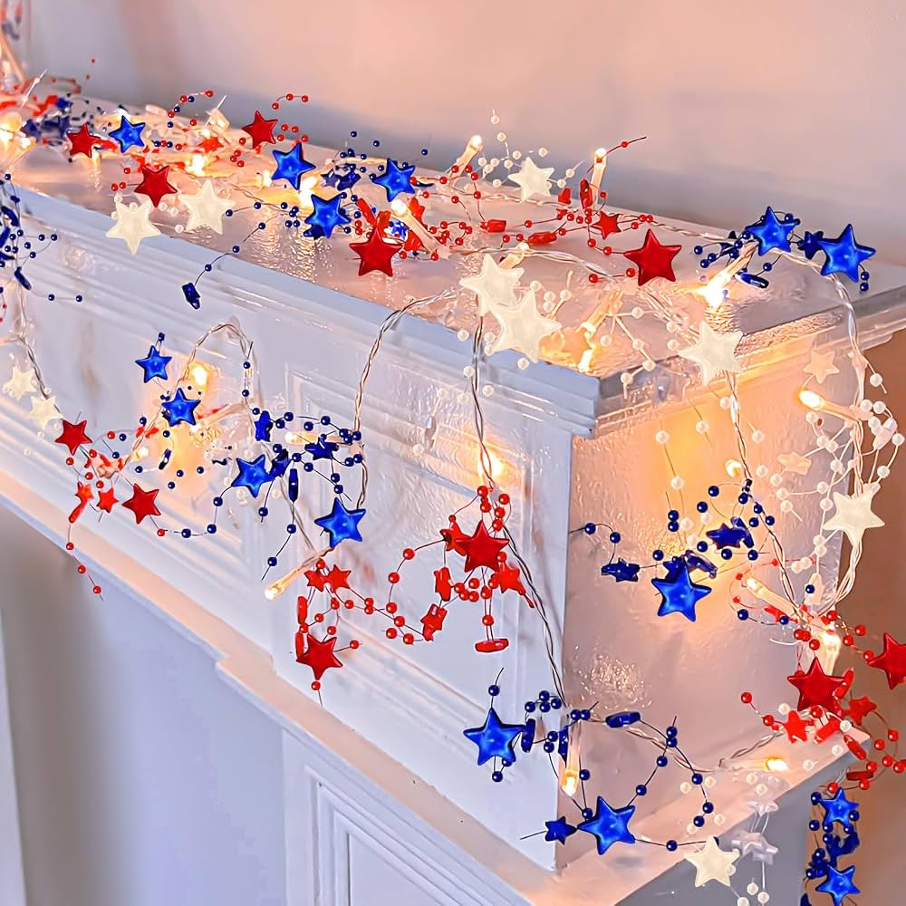 [Timer] 2Pack 4th of July Decorations Red White and Blue Lights, Fourth of July Stars Garland Bea... | Amazon (US)