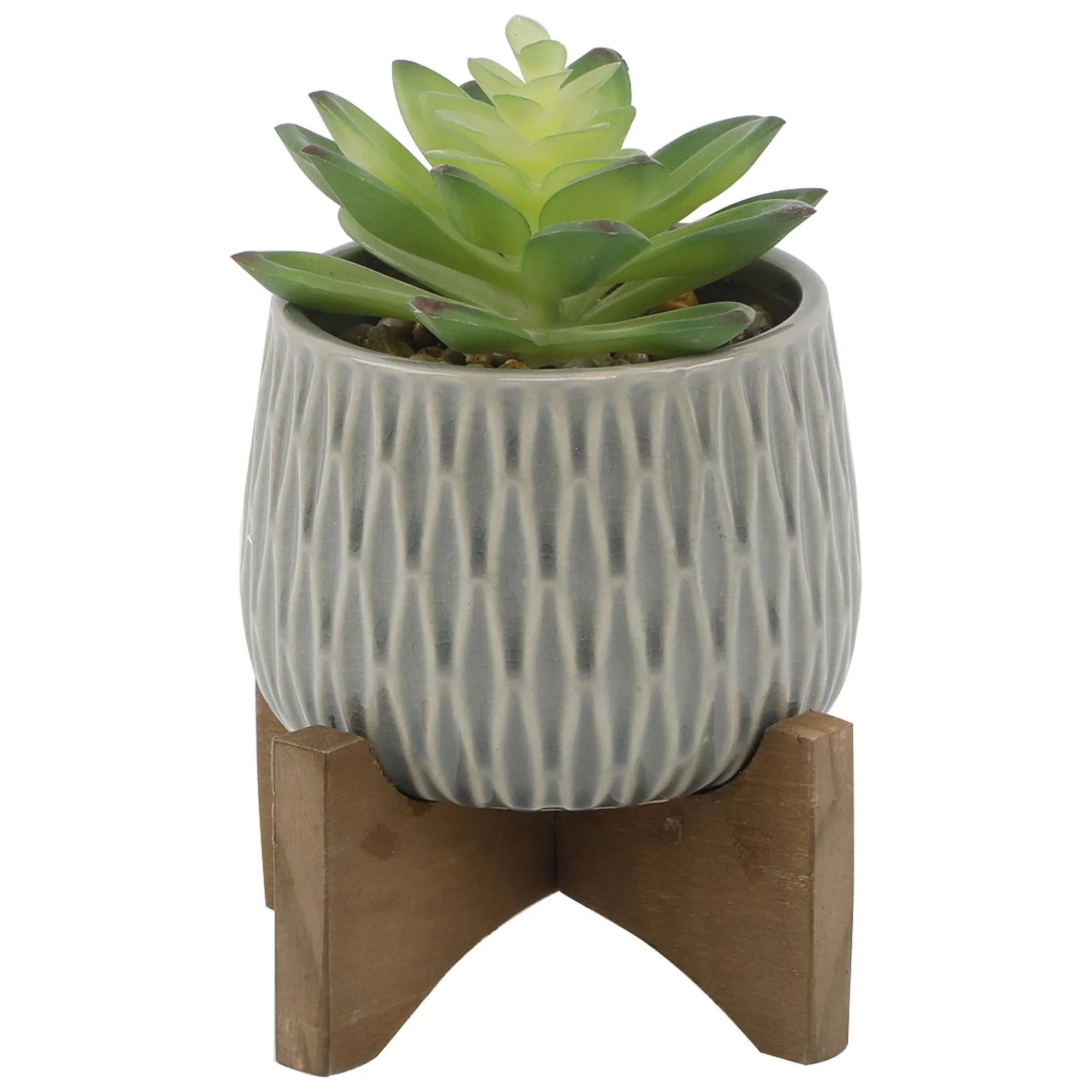 Mainstays 4" Tabletop Artificial Succulent in Ridge Ceramic Pot with Wood Stand, Olive - Walmart.... | Walmart (US)