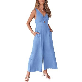 ANRABESS Womens Jumpsuits Summer Linen Wide Leg Sleeveless V Neck Casual Dressy Rompers Pants 202... | Amazon (US)