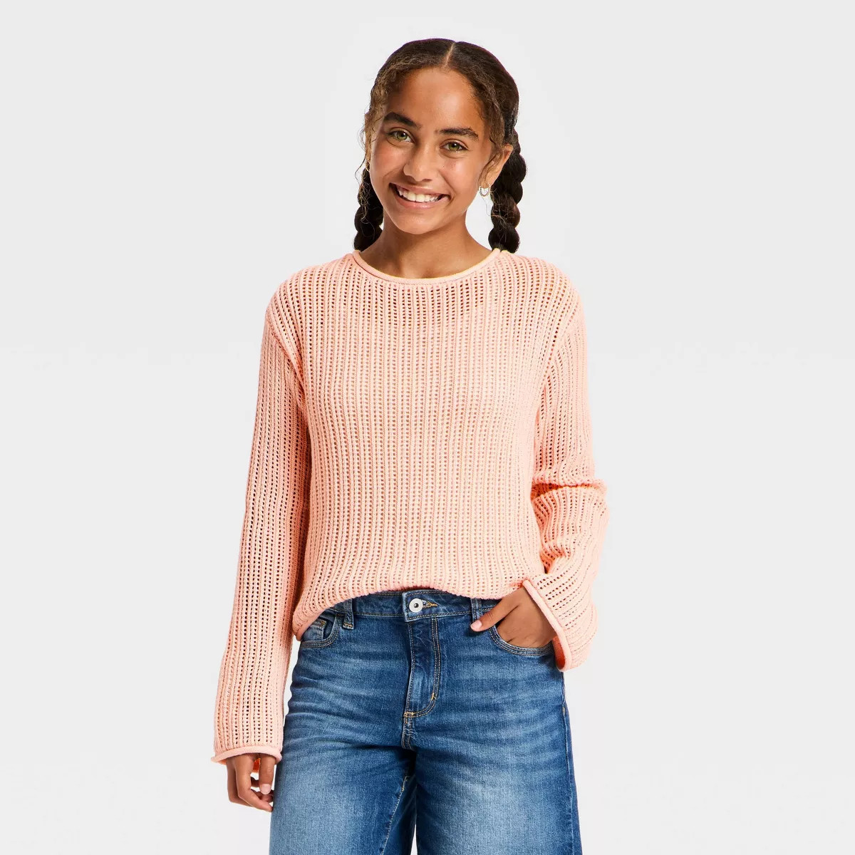 Girls' Open Knit Sweater - art class™ Pink S | Target