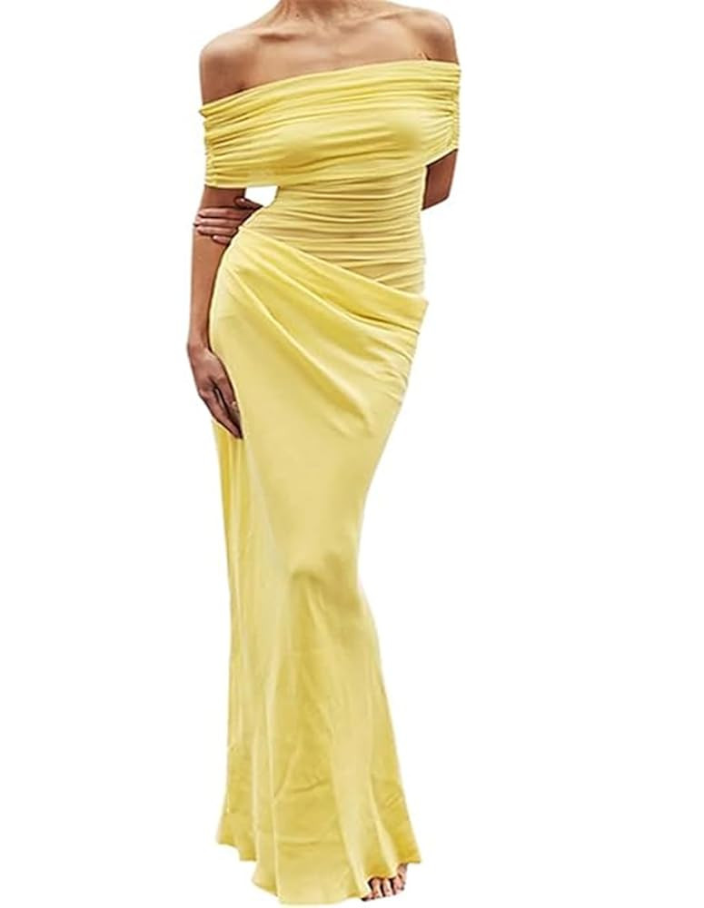 Women Sexy Off Shoulder Maxi Dress See Through Mesh Ruched Ruffles Paneled Bodycon Dress Y2K Part... | Amazon (US)