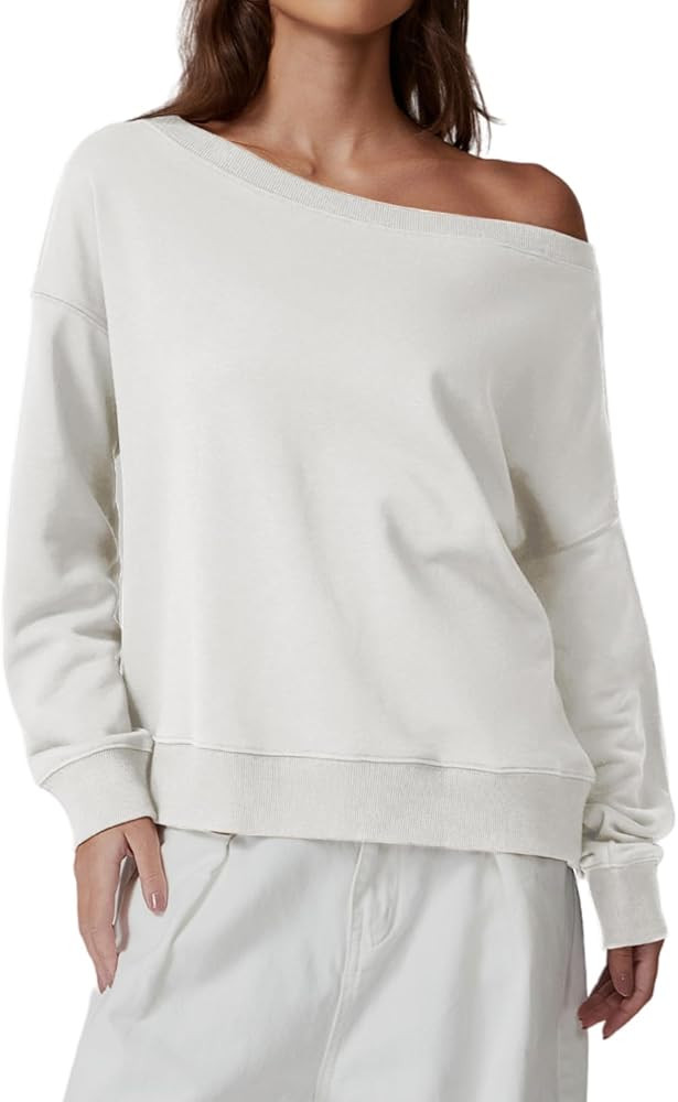QINSEN Womens Oversized Sweatshirt Long Sleeve Off The Shoulder Pullover Casual Comfy Hoodie Fash... | Amazon (US)